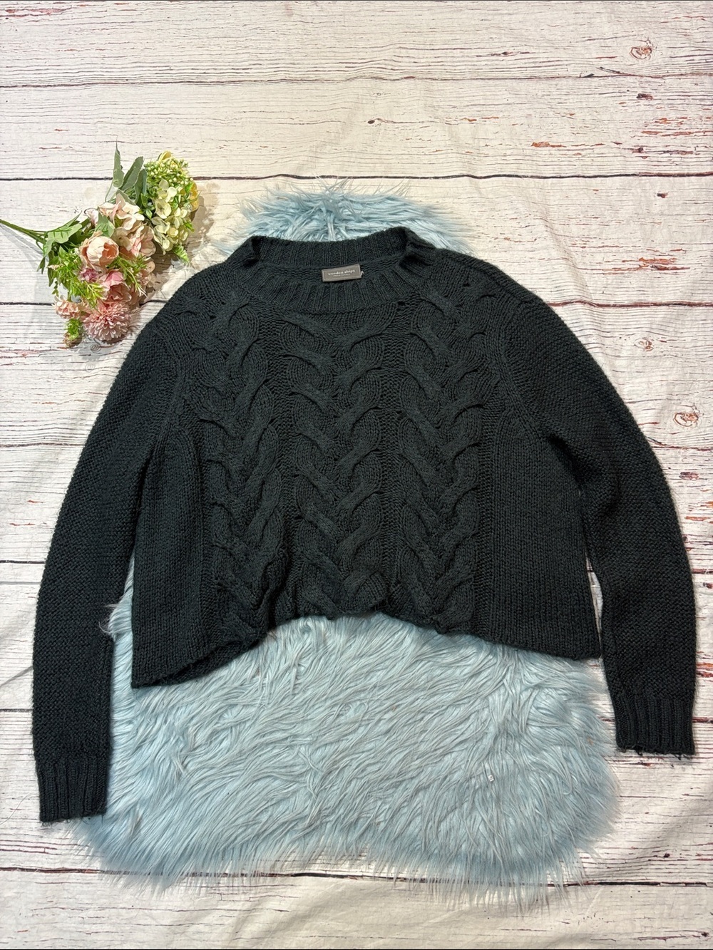 Wooden Ships Black Cropped Wide Cable Knit Mohair Wool Blend Sweater